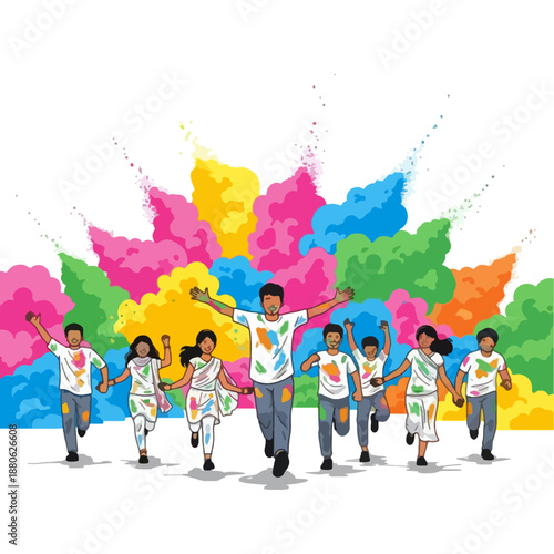 Happy diverse family and friends running forward, celebrating Holi with colorful powder clouds