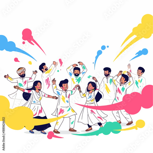 Group of Indian men and women joyfully dancing and celebrating Holi with colorful powder splashes