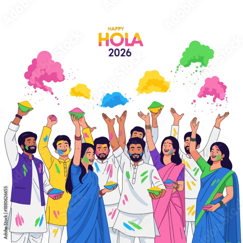 Happy Holi festival celebration with diverse people throwing vibrant colored powders, festive Indian culture
