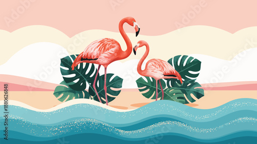Graceful pink flamingos stand by calm ocean waves on a tropical sandy beach
