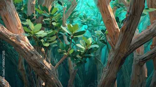 Lush Green Forest with Abstract Tree Trunks and Vibrant Foliage