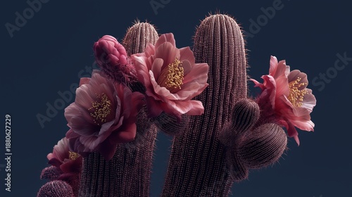 Stunning Cactus with Vibrant Pink Flowers on Dark Background