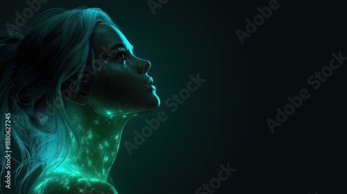 Ethereal Woman Gazing into Darkness with Glowing Stars Effect