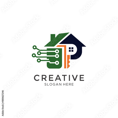 Smart House Key Logo with Digital Circuit and Home Icon for PropTech, Real Estate Security, Home Automation, and Intelligent Access Control Systems Branding