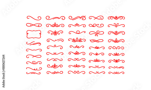 Elegant red ornamental flourishes and decorative dividers set on a clean white background