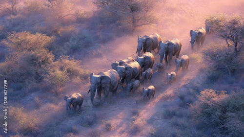 Majestic Herd of Elephants Walking Through Misty Landscape at Sunrise