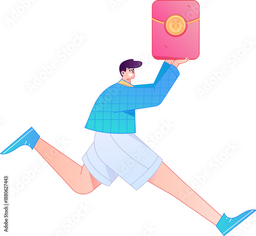 Vector flat gradient illustration of a character holding a red envelope and celebrating Chinese New Year.
