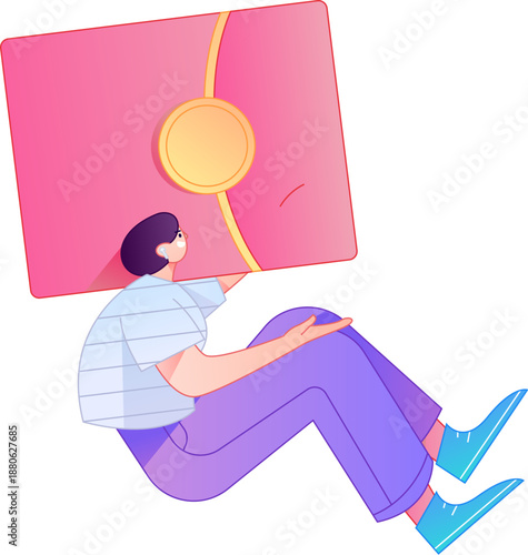 Vector flat gradient illustration of a character holding a red envelope and celebrating Chinese New Year.
