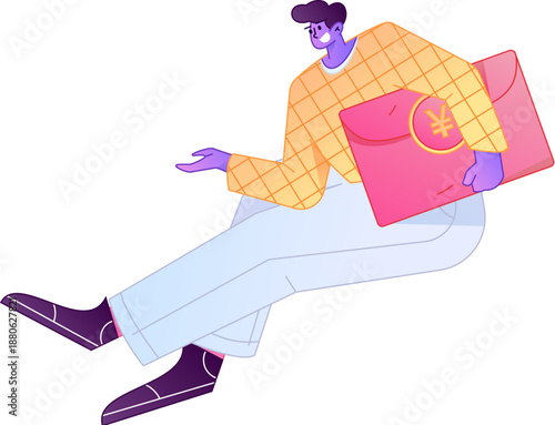 Vector flat gradient illustration of a character holding a red envelope and celebrating Chinese New Year.
