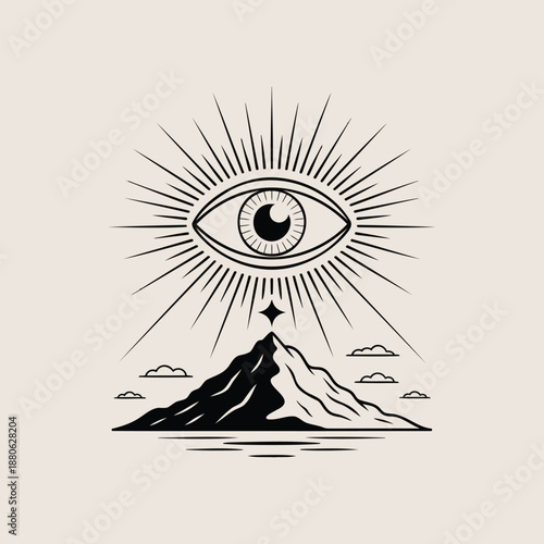 Minimalist Eye Sunburst Over Mountain Landscape Illustration