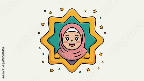 Happy cartoon Muslim girl wearing a pink hijab featured within a beautiful golden star frame