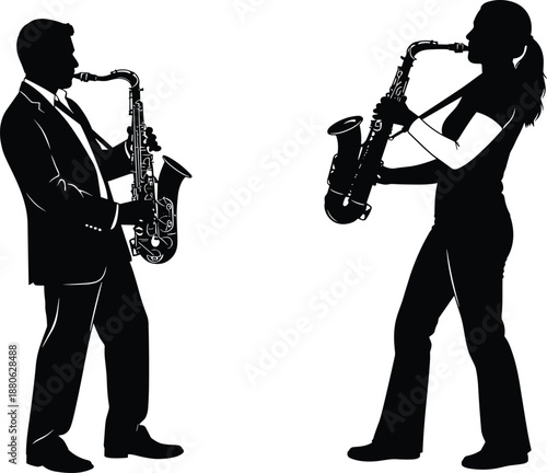 Silhouettes of male and female saxophone players performing passionate jazz duet facing each other isolated on white background