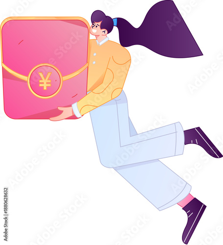 Vector flat gradient illustration of a character holding a red envelope and celebrating Chinese New Year.
