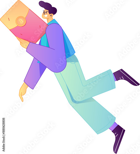 Vector flat gradient illustration of a character holding a red envelope and celebrating Chinese New Year.
