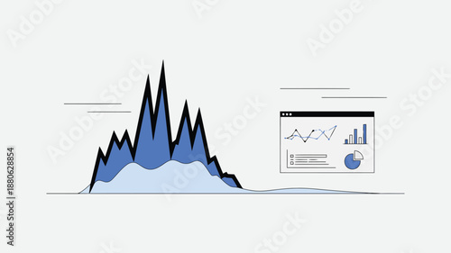 Jagged layered area chart representing diverse data fluctuations accompanied by a multi chart analytics dashboard