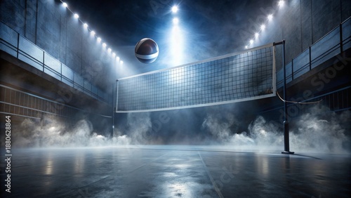 A dramatic indoor volleyball court scene, illuminated by bright spotlights, with a ball in mid-air above the net, creating a powerful and energetic atmosphere