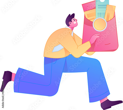 Vector flat gradient illustration of a character holding a red envelope and celebrating Chinese New Year.
