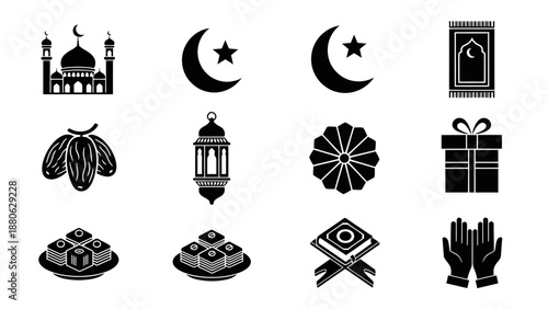 Islamic Culture Icons: Mosque, Crescent Moon, Dates, Lantern, Prayer Mat, Gift