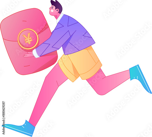 Vector flat gradient illustration of a character holding a red envelope and celebrating Chinese New Year.
