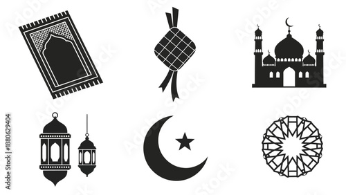 Islamic Icons Collection: Mosque, Prayer Mat, Lanterns, Moon, Ketupat, Geometric Pattern