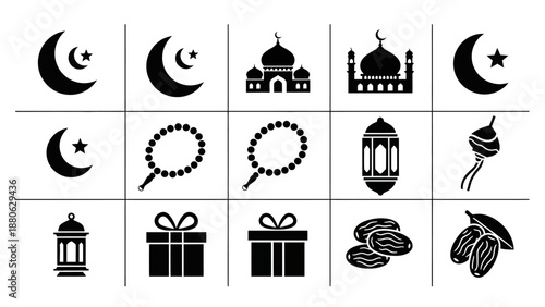 Islamic Icons: Crescent Moon, Mosque, Prayer Beads, Lantern, Gift, Dates