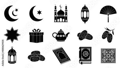 Islamic Icons: Crescent Moon, Mosque, Lantern, Dates, Prayer Mat, Quran
