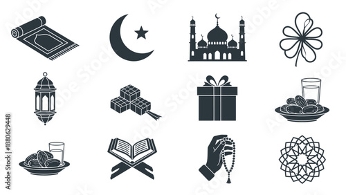 Islamic Icons Collection: Ramadan, Eid, Prayer, Mosque, Quran, Dates, Lantern, Gift