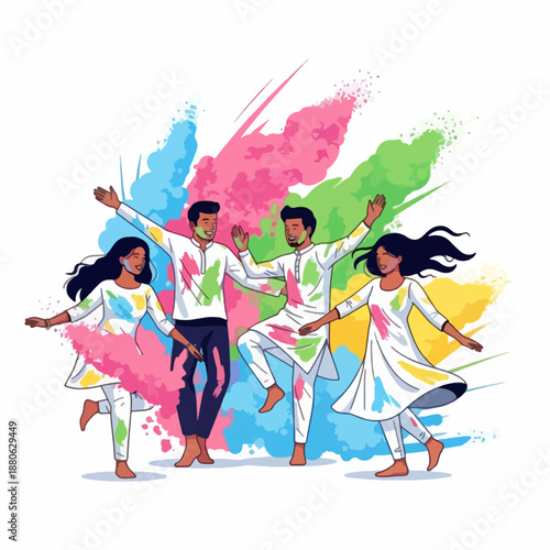 Group of young Indian friends celebrating Holi with colorful powder and dancing