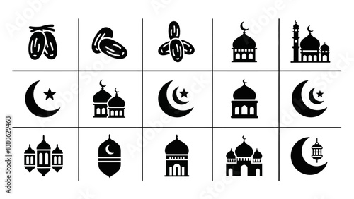Islamic Icons: Mosque, Crescent Moon, Dates, Lanterns - Ramadan, Eid Symbols