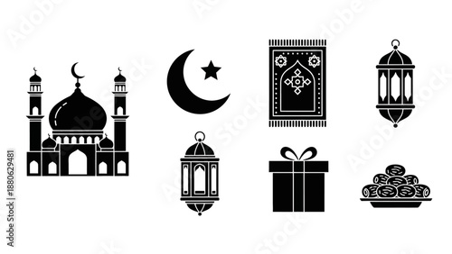 Islamic Icons: Mosque, Crescent Moon, Lanterns, Prayer Rug, Gift, Dates