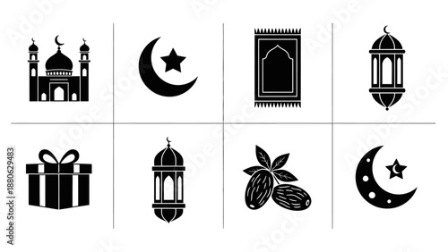 Islamic Icons: Mosque, Crescent Moon, Prayer Mat, Lantern, Gift, Dates