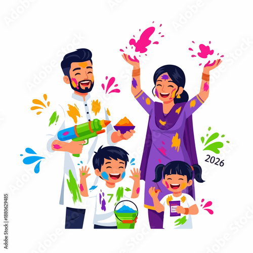 Indian Family Celebrating Holi with Colors and Joyful Expressions - 2026 Illustration