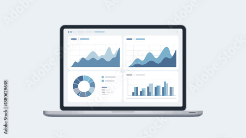 Laptop screen showcasing a comprehensive business analytics dashboard with various data charts in blue tones