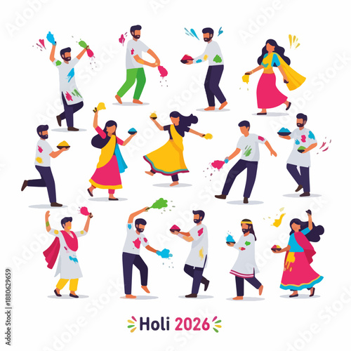 Diverse Group of People Celebrating Holi with Colors and Joyful Movements - 2026