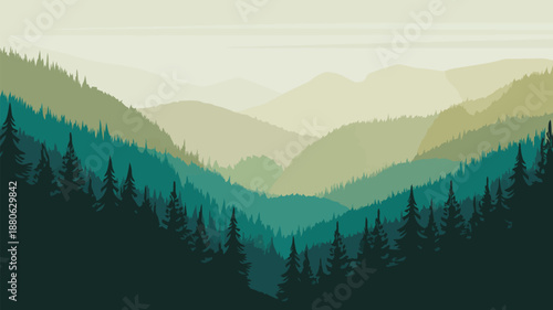 Layers of green and teal mountains with dense pine forests create a peaceful natural landscape