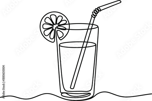 Black and white line of a glass with a lemon slice and straw