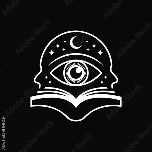 Minimalist White Line Art Of An Eye In A Book With Moon And Stars In A Head Outline