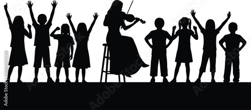 “Violinist performing on stage surrounded by joyful cheering children silhouettes celebrating music education, creativity, teamwork, inspiration and artistic childhood development”