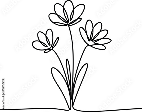 Simple black and white line of a flower with three blooms