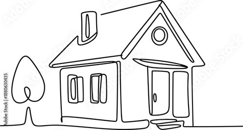 Simple black and white line of a house with a tree and a chimney