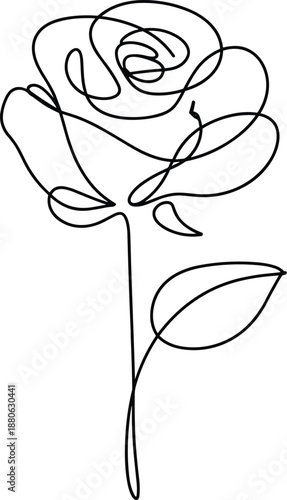 Simple black and white line of a rose with leaves flower