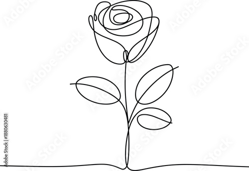 Simple Line of a Single Rose with Leaves flower line single