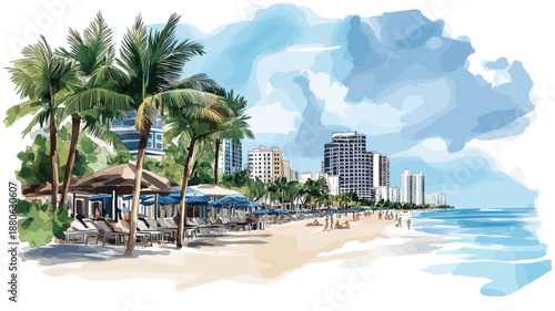 Miami?s South Beach. Miami?s South Beach hand drawn watercolor illustration