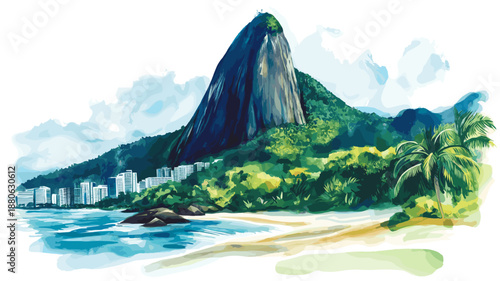 Sugarloaf Mountain. Sugarloaf Mountain hand drawn watercolor illustration