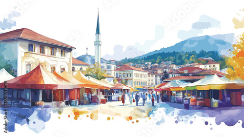 Sarajevo Old Bazaar. Sarajevo Old Bazaar watercolor vector illustration