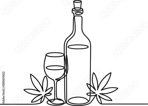 Wine Bottle and Glass with Leaves Line wine glass line black and white