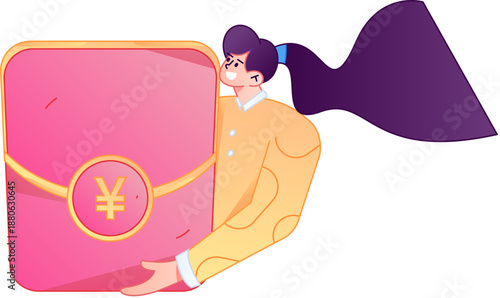 Vector flat gradient illustration of a character holding a red envelope and celebrating Chinese New Year.
