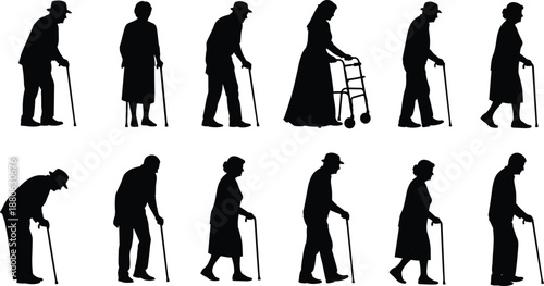 Black silhouette elderly people walking with cane and walker aging healthcare mobility vector illustration set isolated white background