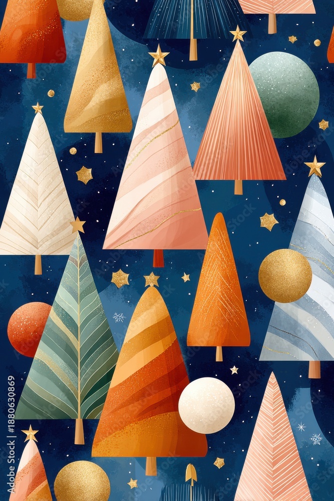Obraz premium Abstract Christmas tree pattern with colorful cones, stars, and ornaments on a deep blue night sky