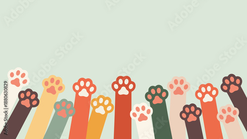 Numerous cheerful colorful cat paws with distinct fur and pad patterns extending into a soft pastel green sky